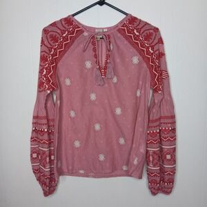 Anthropologie Seen Worn Kept Layla Blouse Womens 4 Pink Red Embroidered Tasseled